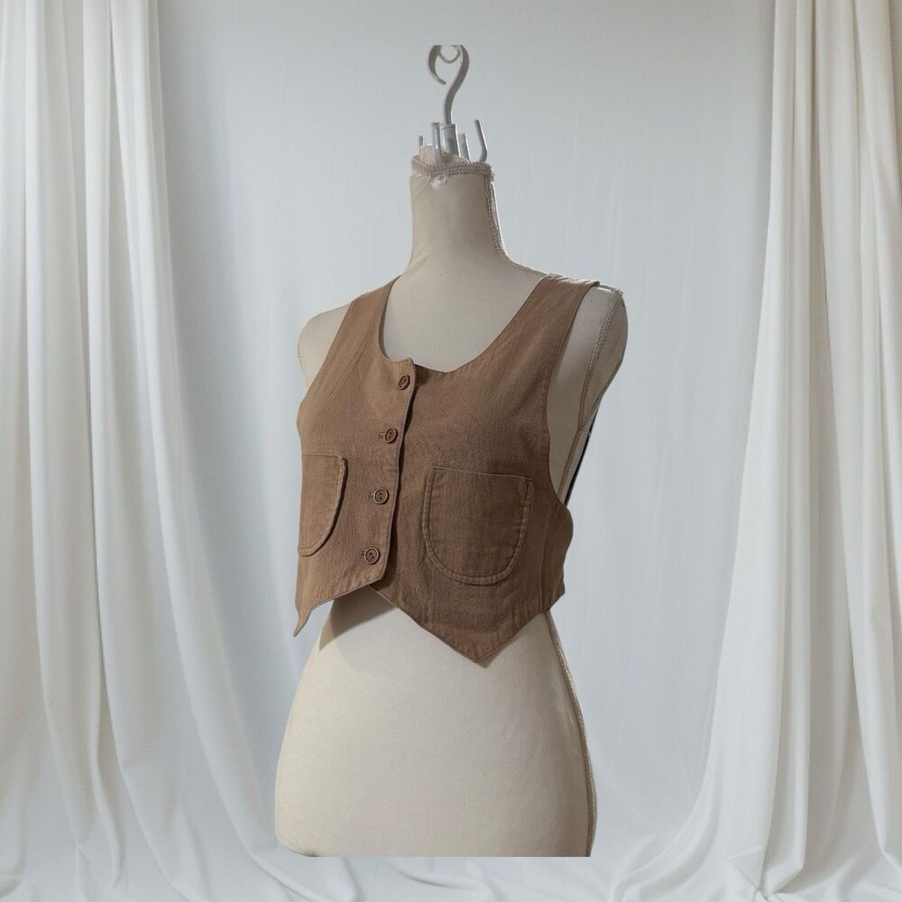 Cropped Waistcoat Vest Womens Size 11 Tan Excellent Button Front Tie‎ Back